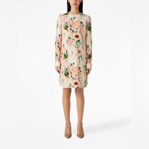 NWT St. John Womens Floral Print Silk Mini Dress 4 Ecru/Peach Multi Designer